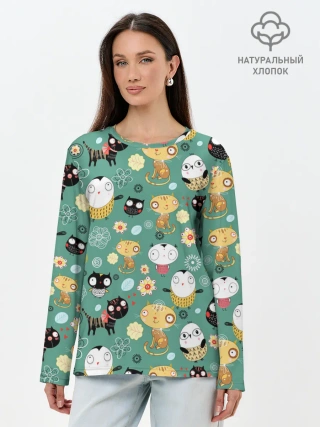 Лонгслив женский. Хлопок / Совы и котики