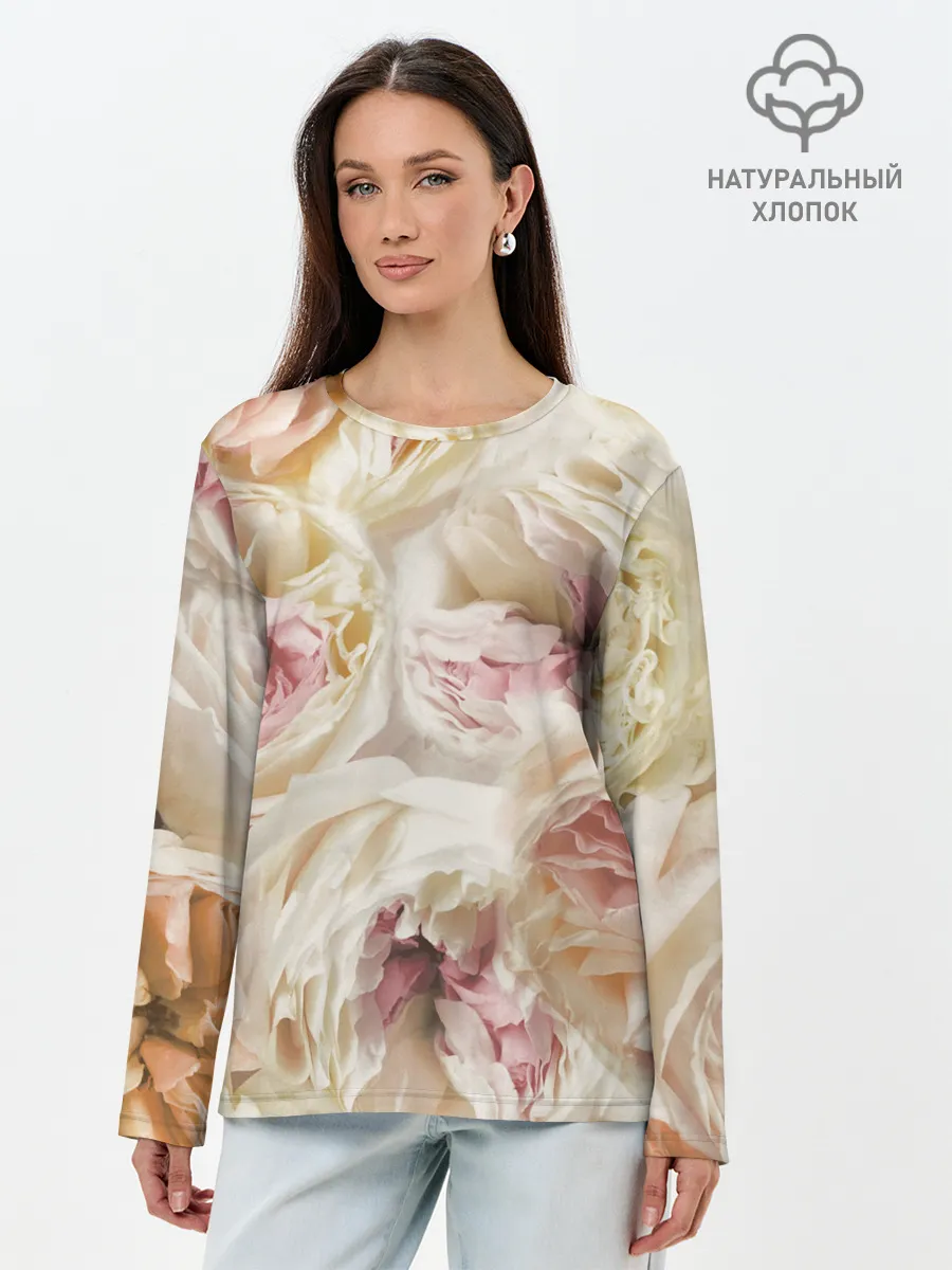 Лонгслив женский. Хлопок / Нежные Пионы