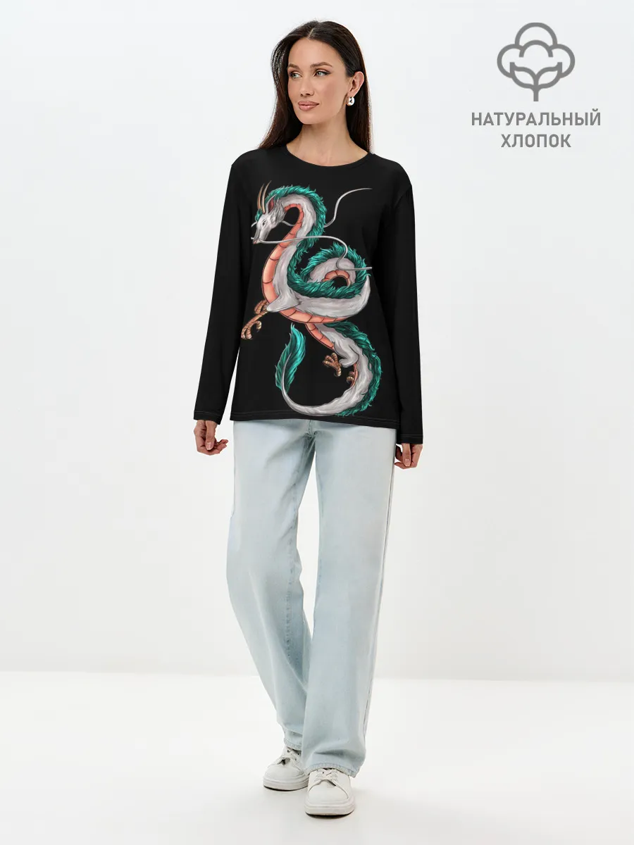 Лонгслив женский. Хлопок / Дракон Хаку на черном фоне