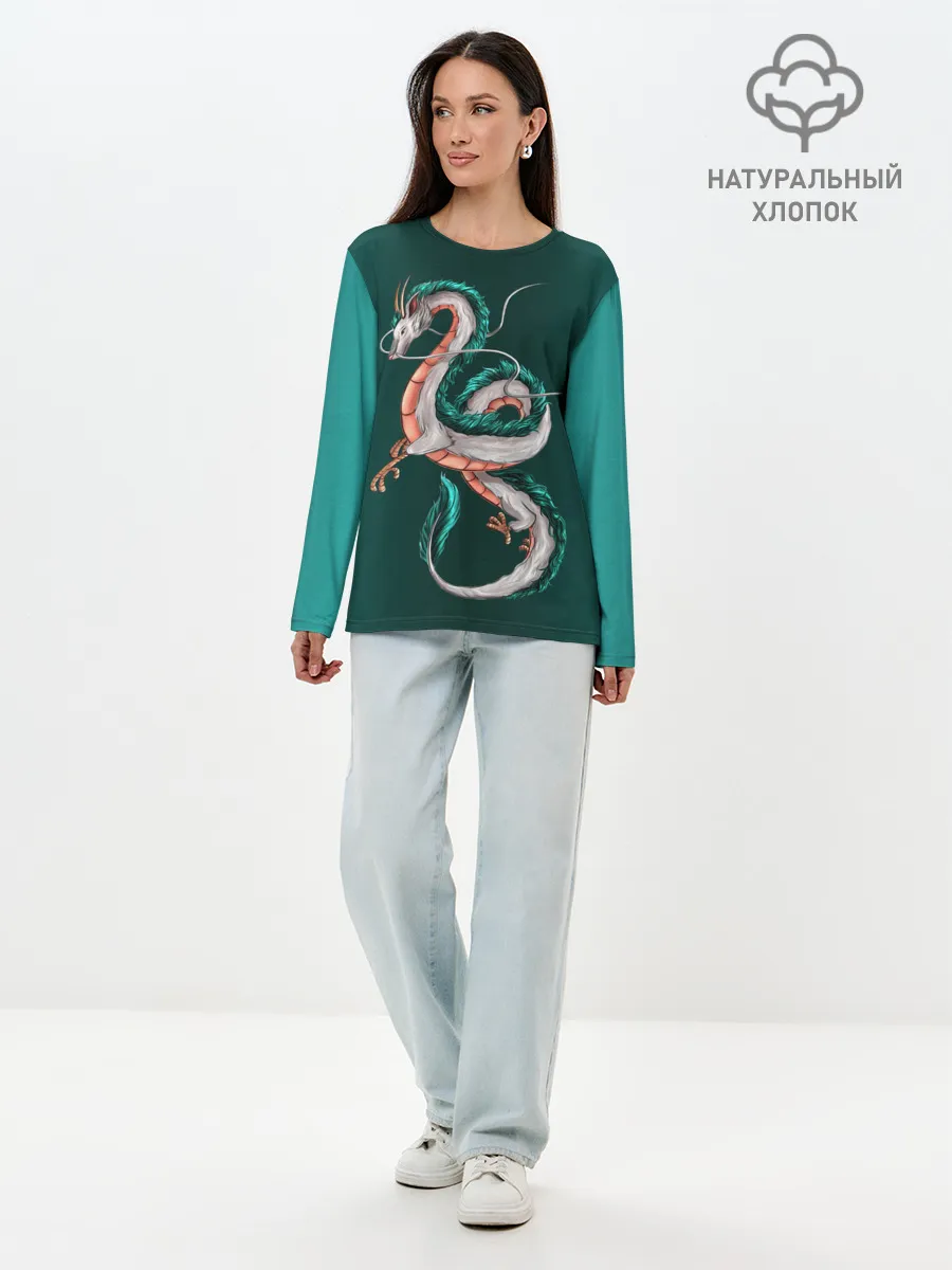 Лонгслив женский. Хлопок / Дракон Хаку зеленый градиент