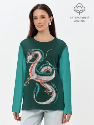 Лонгслив женский. Хлопок / Дракон Хаку зеленый градиент