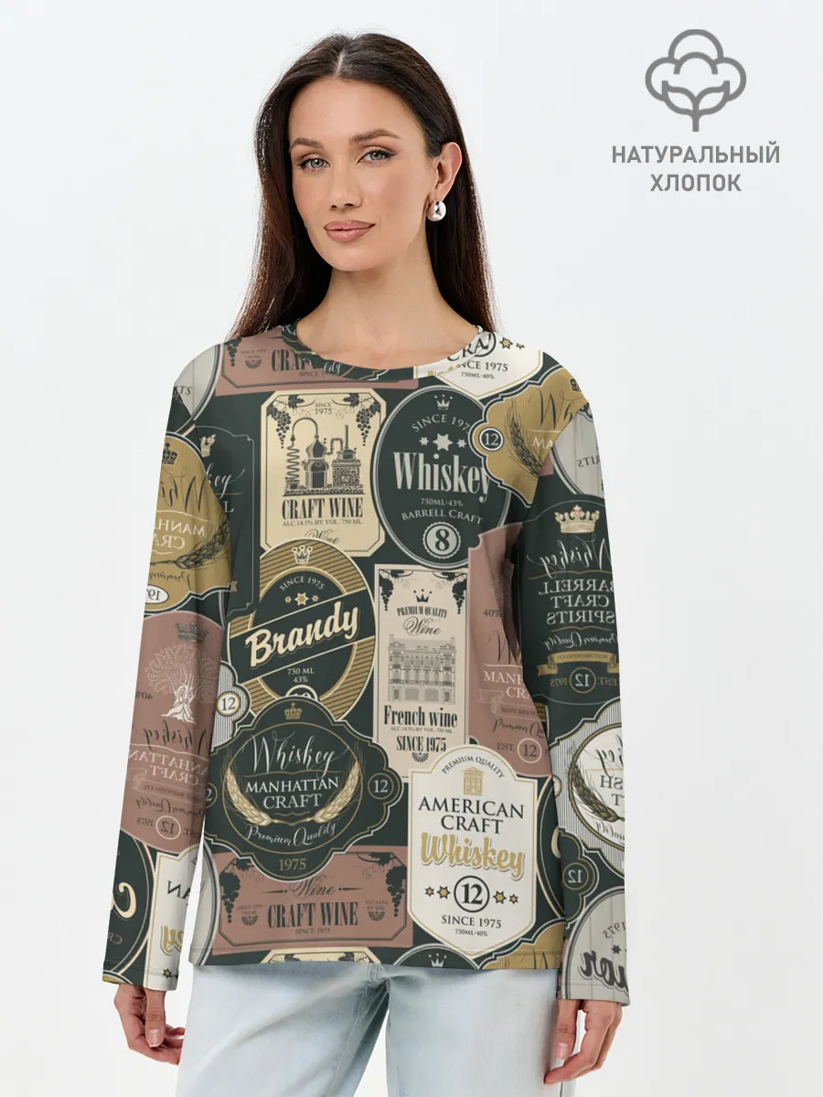 Лонгслив женский. Хлопок / Этикетки мира Виски