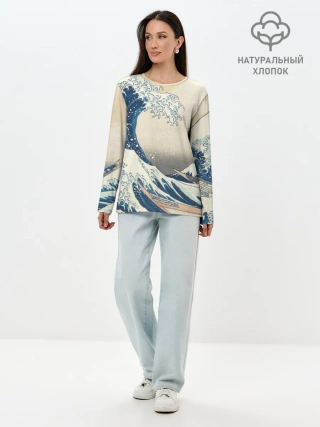 Лонгслив женский. Хлопок / Большая волна в Канагаве