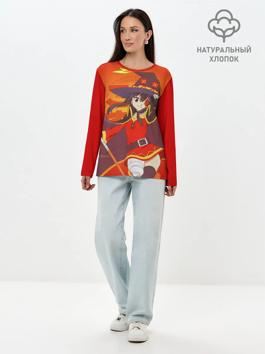 Лонгслив женский. Хлопок / KonoSuba. Мегумин с посохом