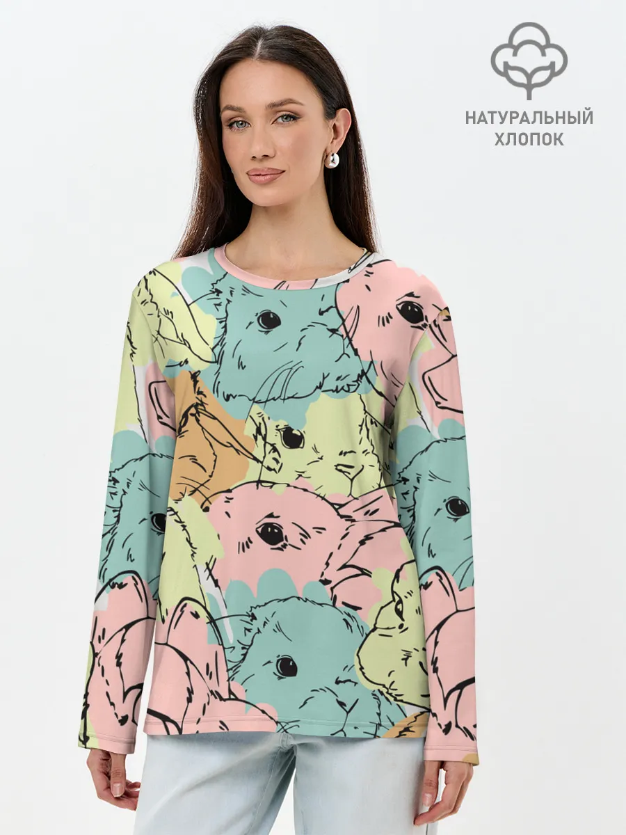 Лонгслив женский. Хлопок / Акварельные Зайки