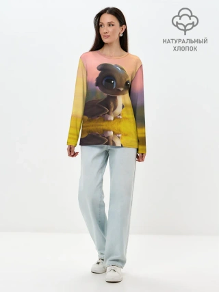 Лонгслив женский. Хлопок / Дракончик на берегу озера