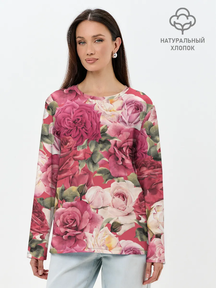 Лонгслив женский. Хлопок / Акварель, розы