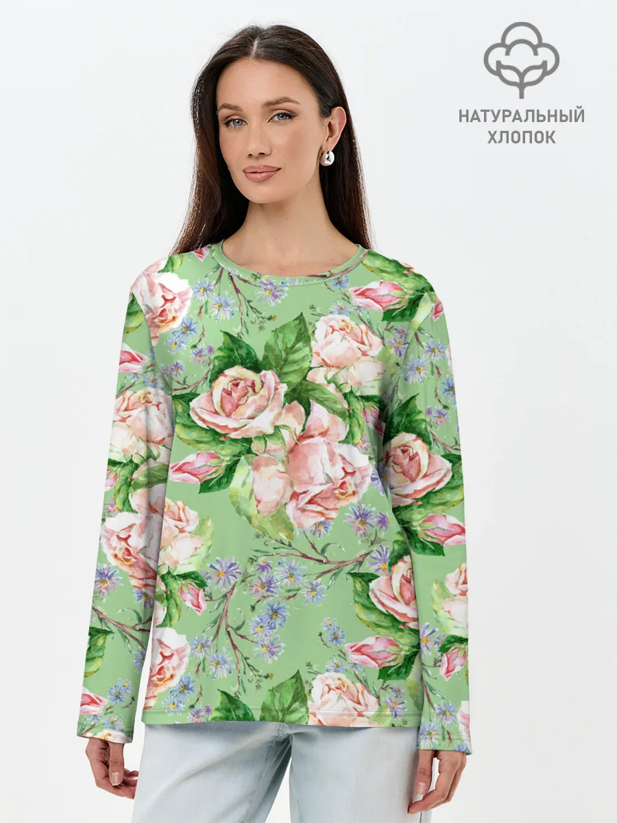 Лонгслив женский. Хлопок / Розы и васильки