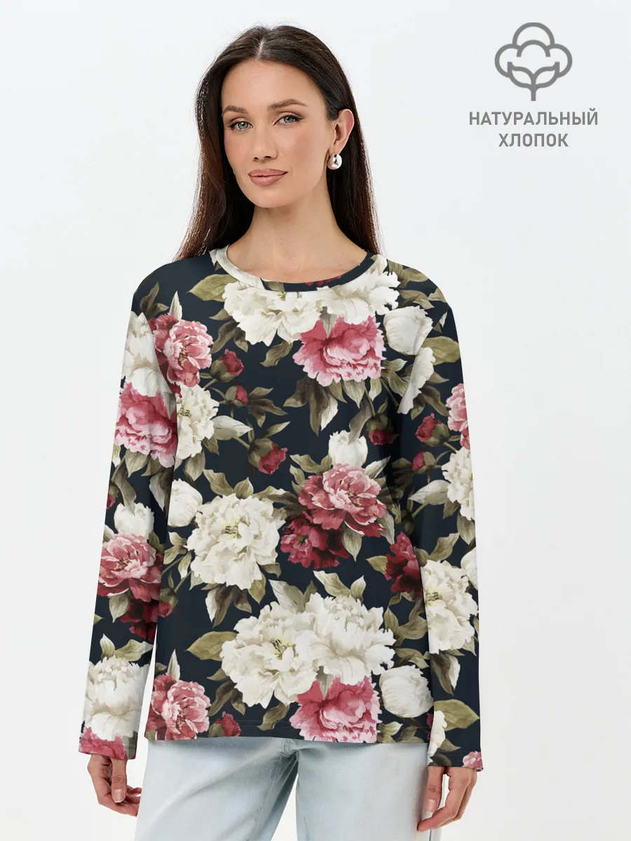 Лонгслив женский. Хлопок / Акварель, розы