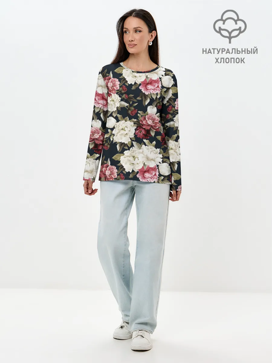 Лонгслив женский. Хлопок / Акварель, розы