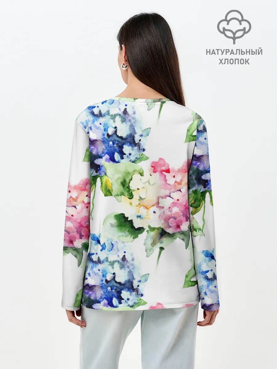 Лонгслив женский. Хлопок / Акварель, гортензии
