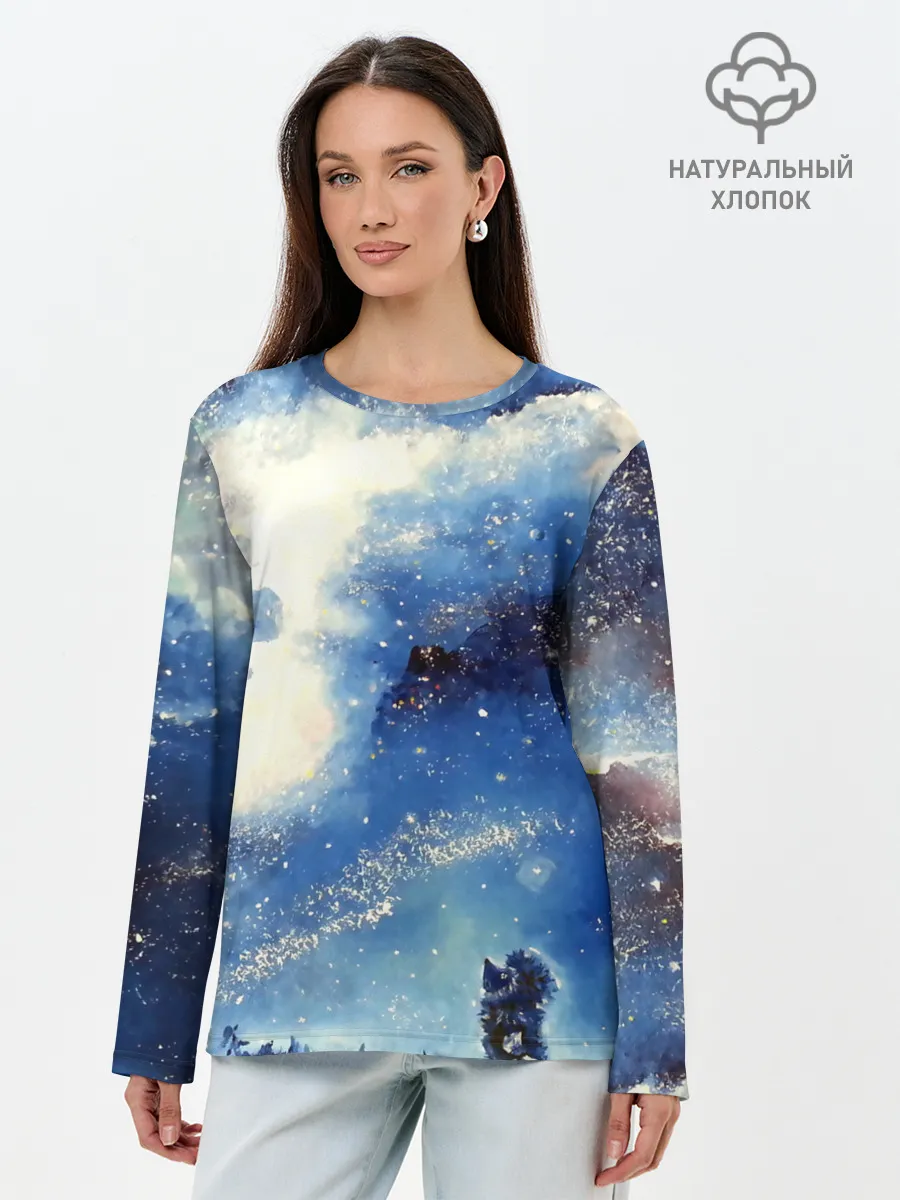 Лонгслив женский. Хлопок / Ёжик в космосе