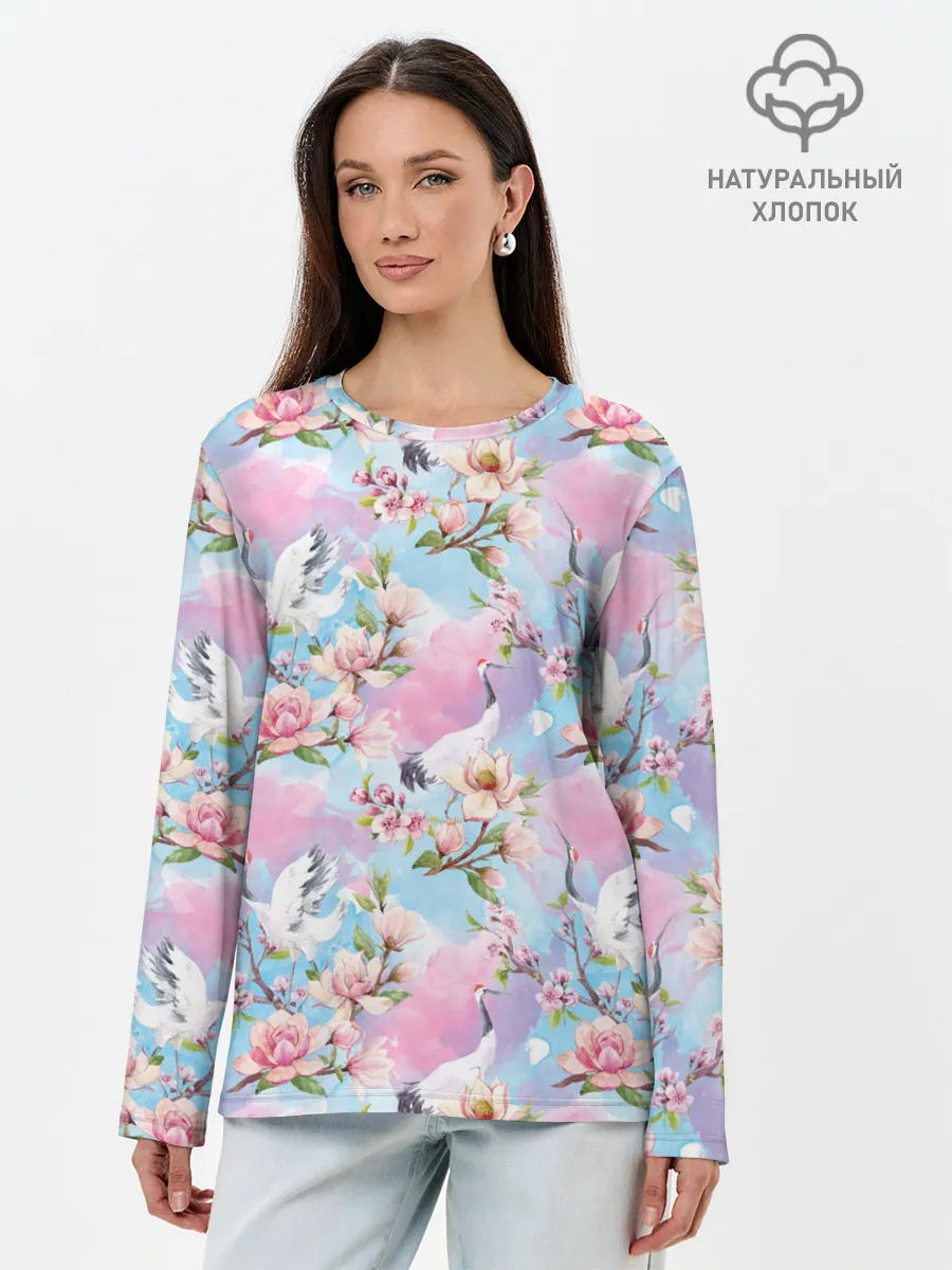 Лонгслив женский. Хлопок / Узор с журавлями