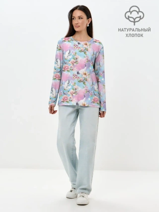 Лонгслив женский. Хлопок / Узор с журавлями