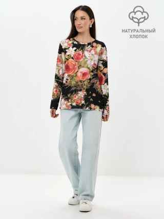 Лонгслив женский. Хлопок / Лилии и розы