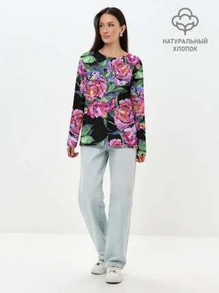 Лонгслив женский. Хлопок / Розовые пионы