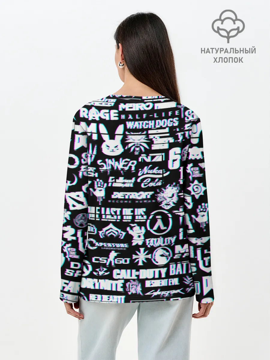 Лонгслив женский. Хлопок / ЛОГОТИПЫ ИГР GLITCH | ГЛИТЧ