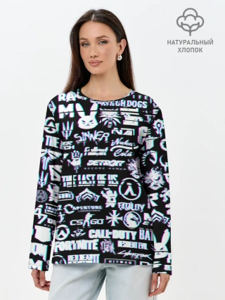 Лонгслив женский. Хлопок / ЛОГОТИПЫ ИГР GLITCH | ГЛИТЧ