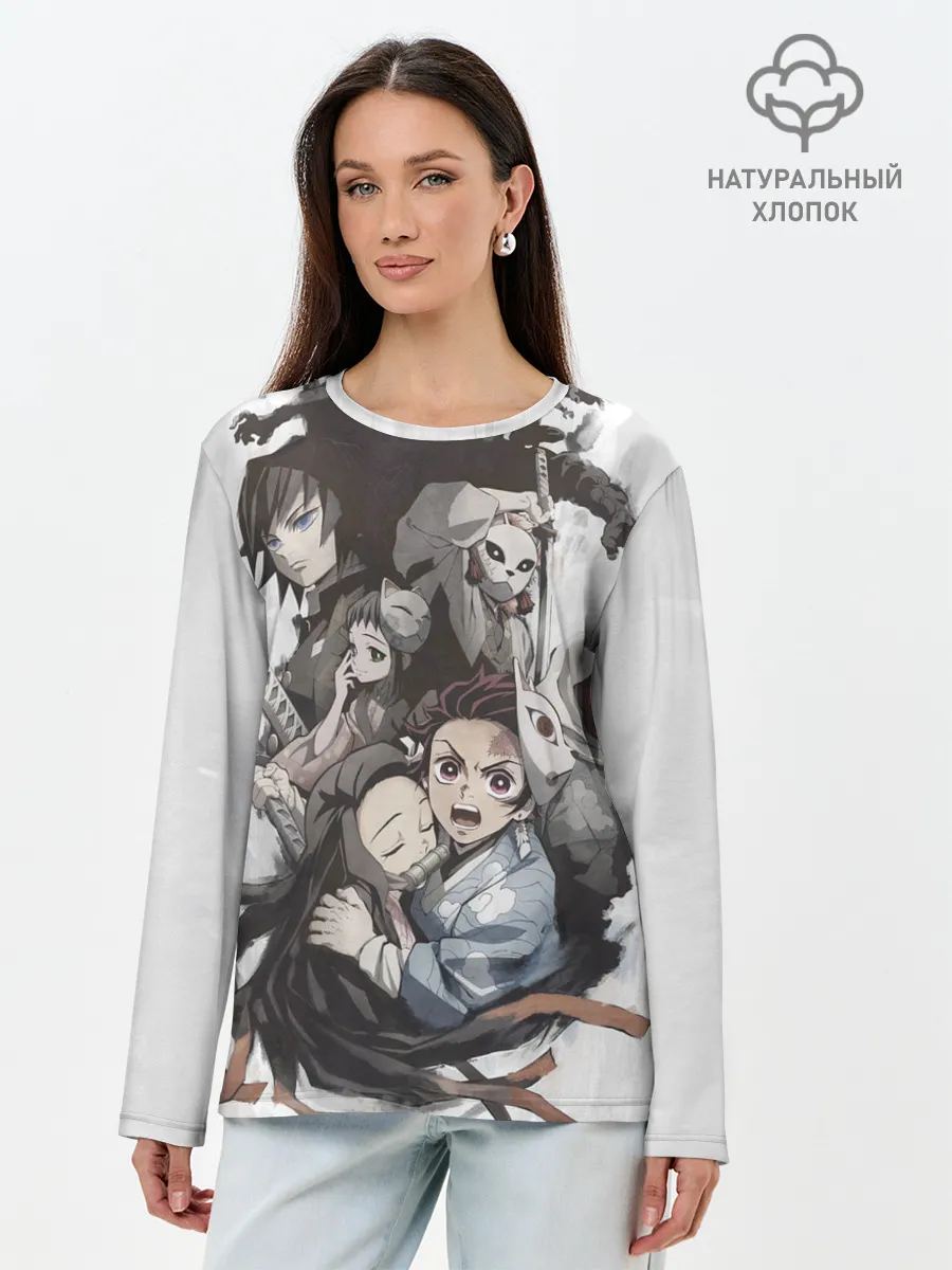 Лонгслив женский. Хлопок / Kimetsu no Yaiba на сером