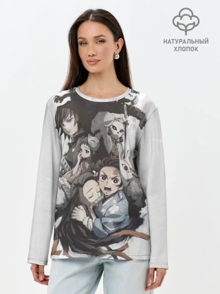 Лонгслив женский. Хлопок / Kimetsu no Yaiba на сером