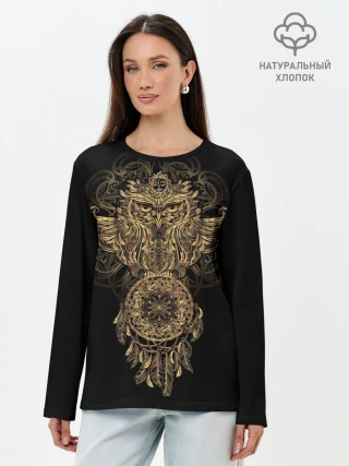 Лонгслив женский. Хлопок / Сова с ловцом