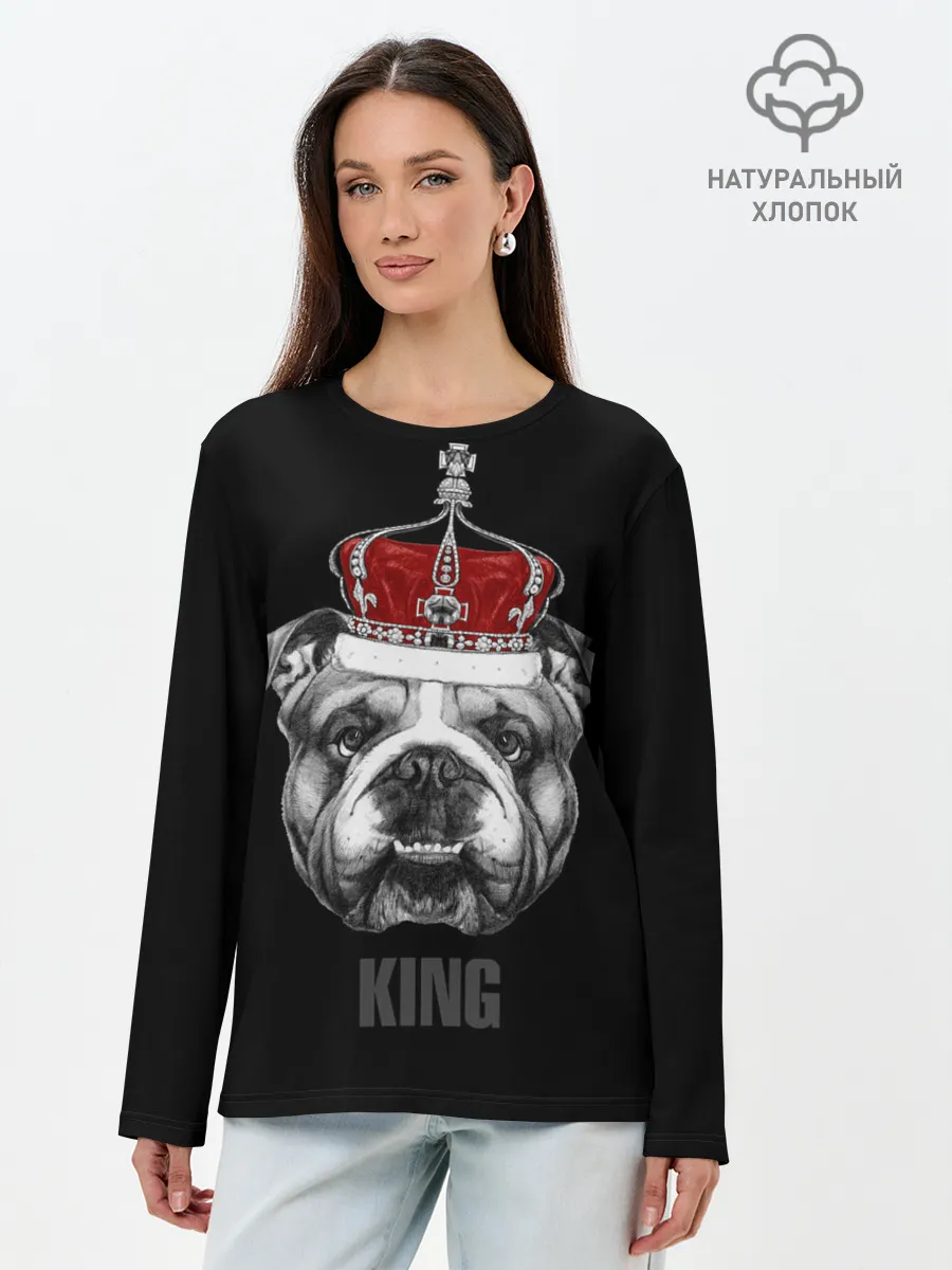 Лонгслив женский. Хлопок / Английский бульдог с короной