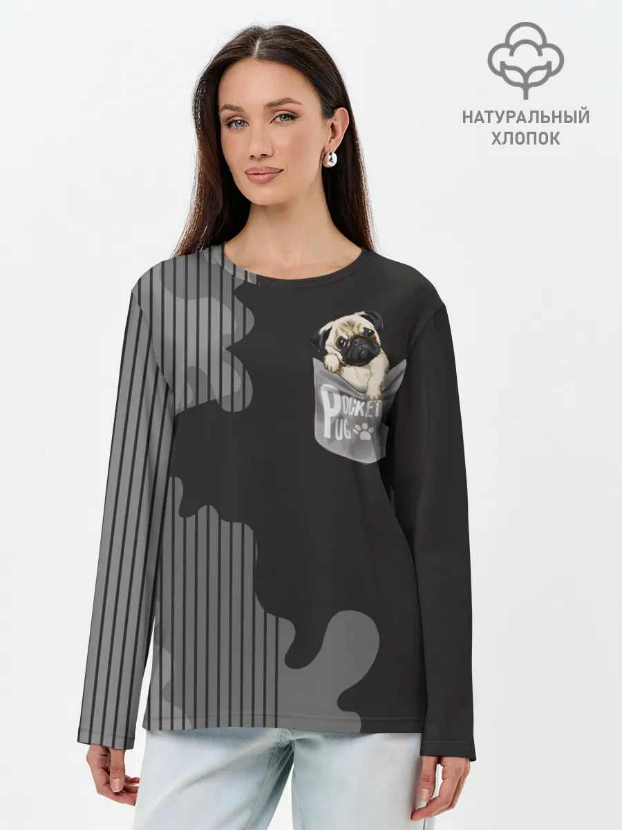 Лонгслив женский. Хлопок / Мопс в кармане