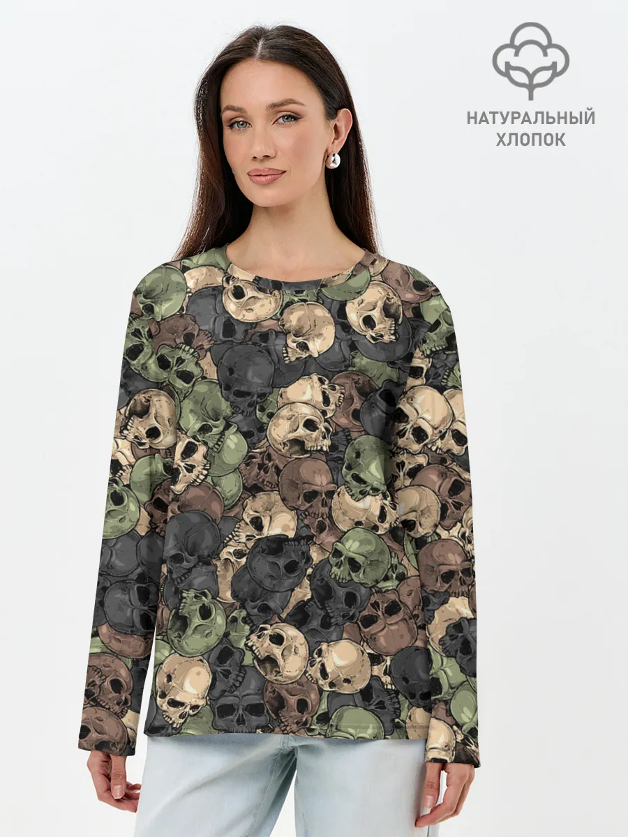 Лонгслив женский. Хлопок / Камуфляж с черепами