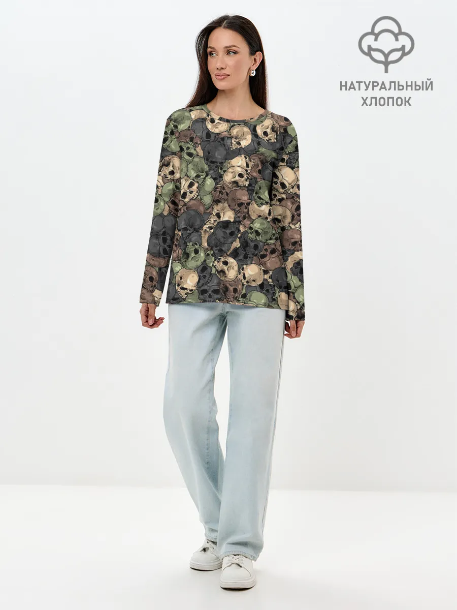 Лонгслив женский. Хлопок / Камуфляж с черепами