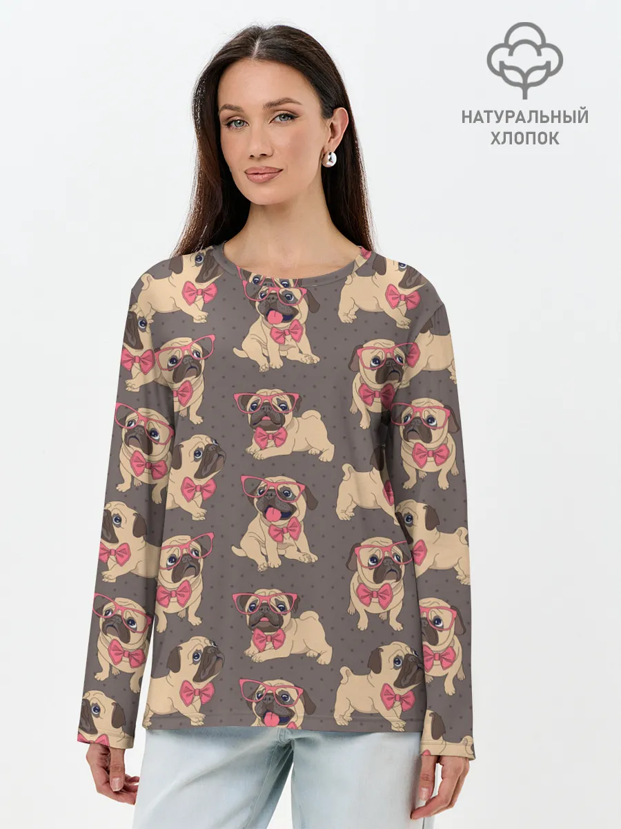 Лонгслив женский. Хлопок / Мопсы