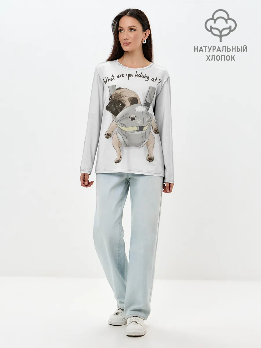 Лонгслив женский. Хлопок / Мопс в рюкзаке