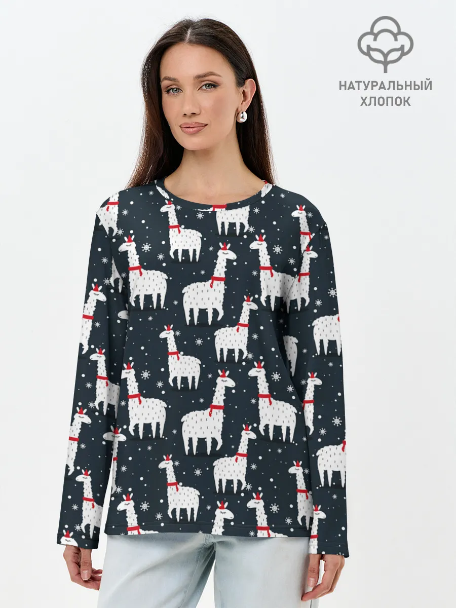 Лонгслив женский. Хлопок / Новогодние ламы