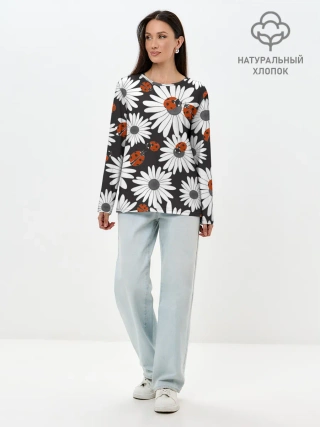 Лонгслив женский. Хлопок / Божьи коровки на ромашках