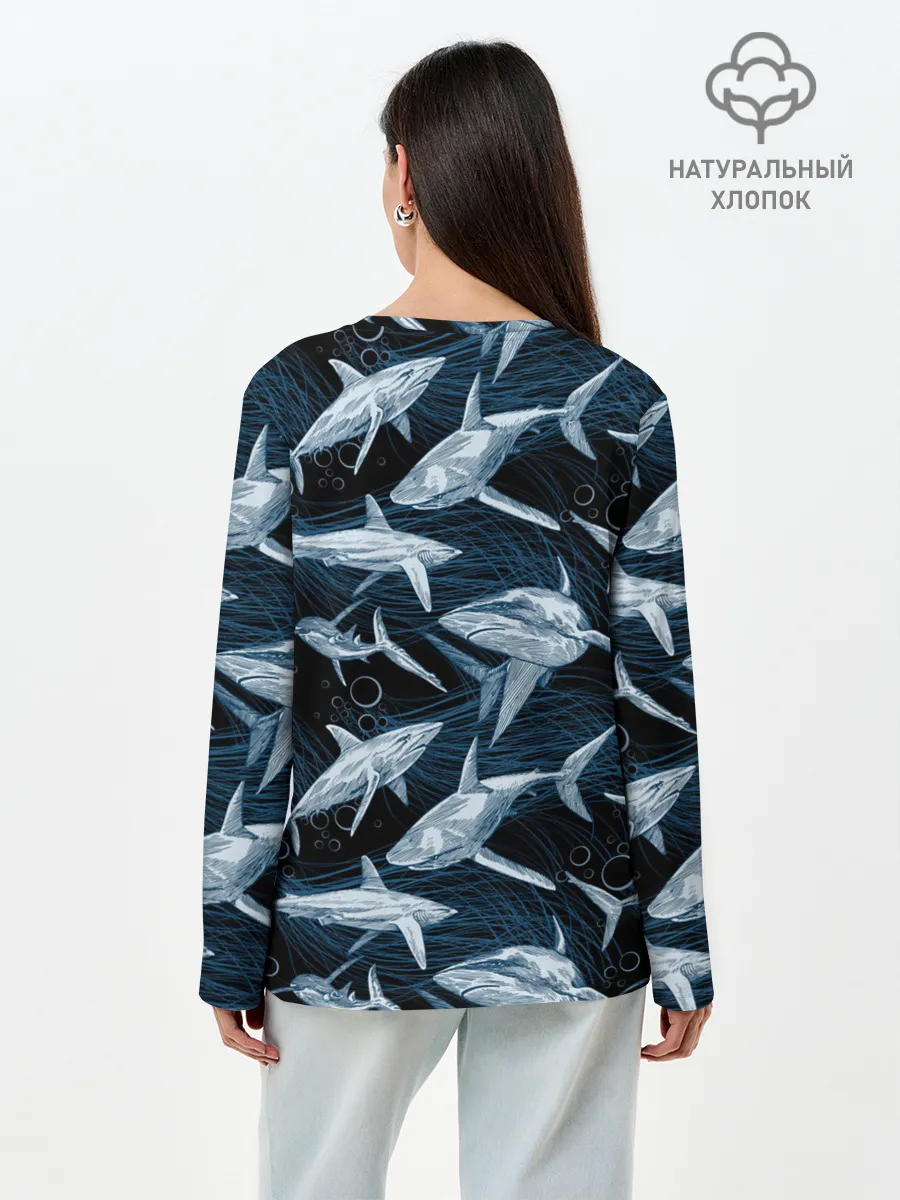 Лонгслив женский. Хлопок / Акулы