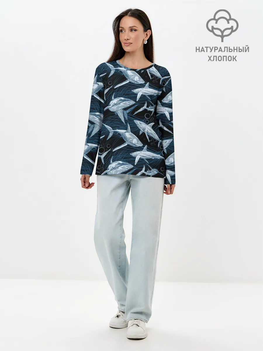 Лонгслив женский. Хлопок / Акулы