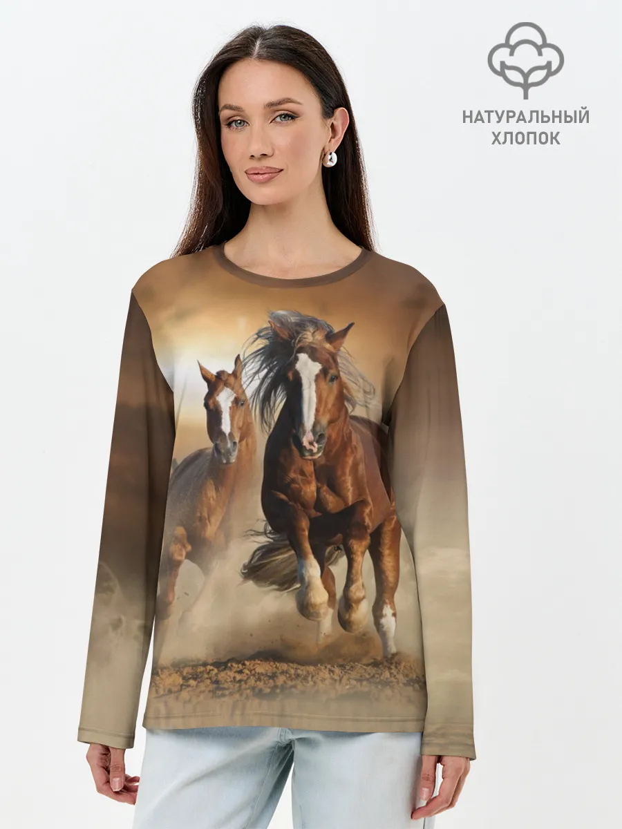 Лонгслив женский. Хлопок / Бегущие лошади