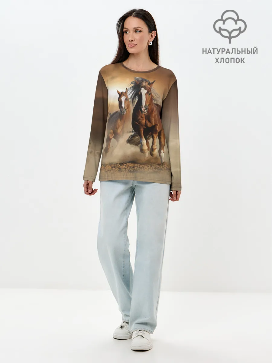 Лонгслив женский. Хлопок / Бегущие лошади