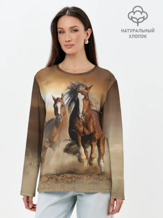 Лонгслив женский. Хлопок / Бегущие лошади