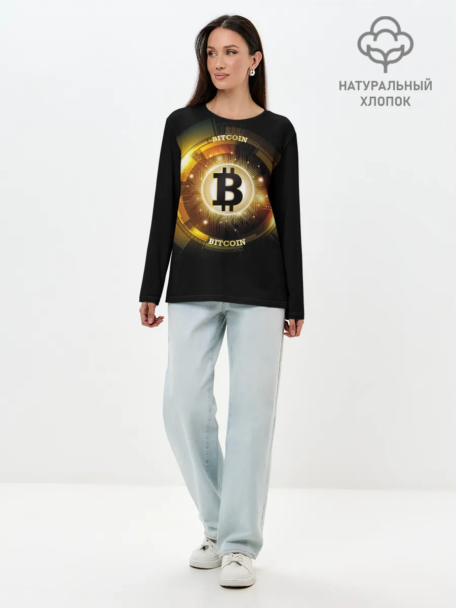 Лонгслив женский. Хлопок / Золотой биткоин