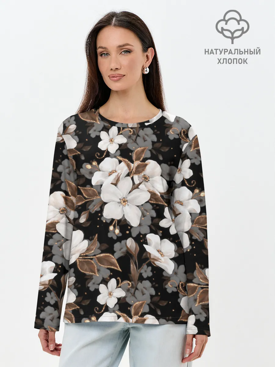Лонгслив женский. Хлопок / Белые цветы