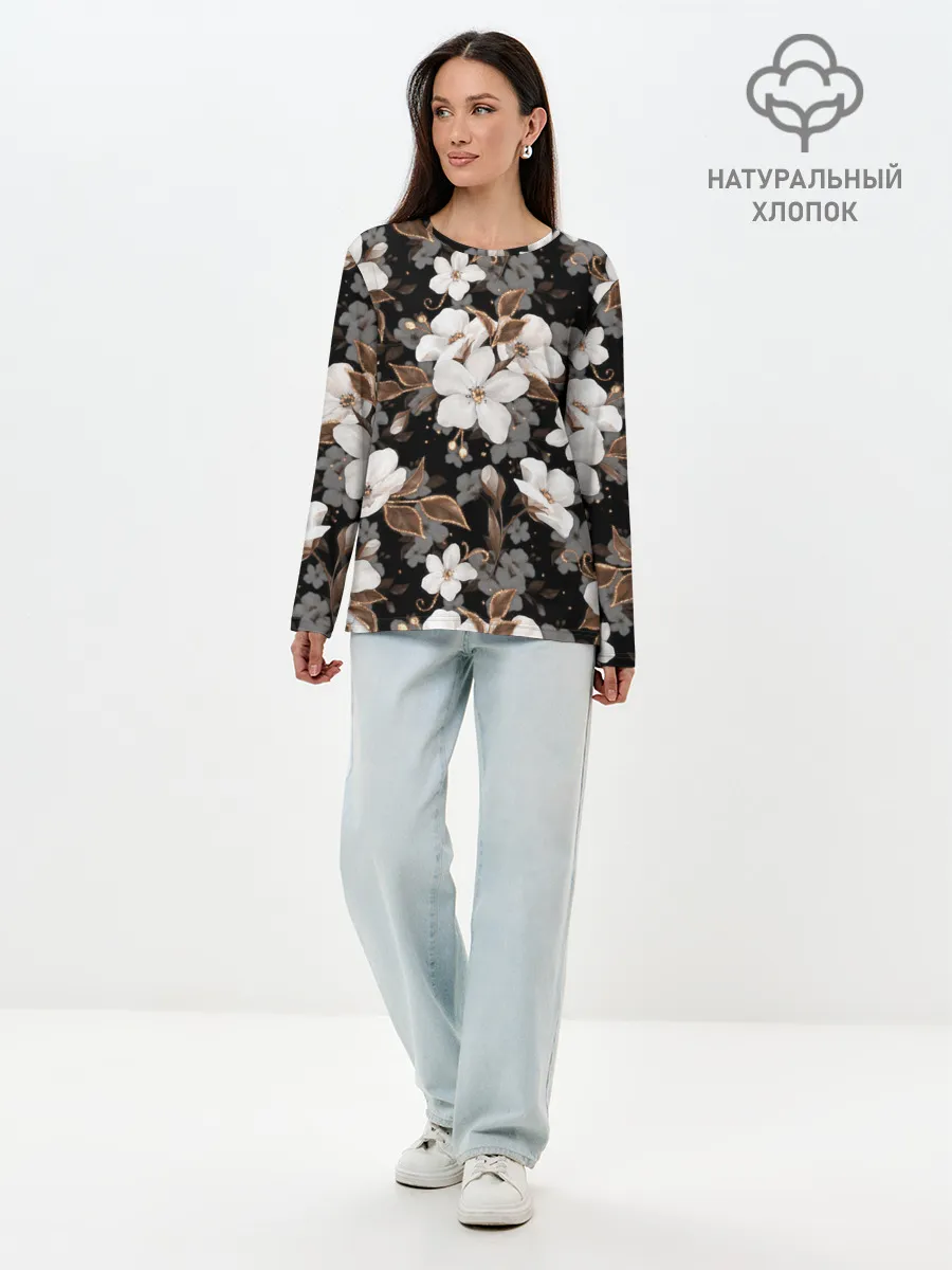 Лонгслив женский. Хлопок / Белые цветы