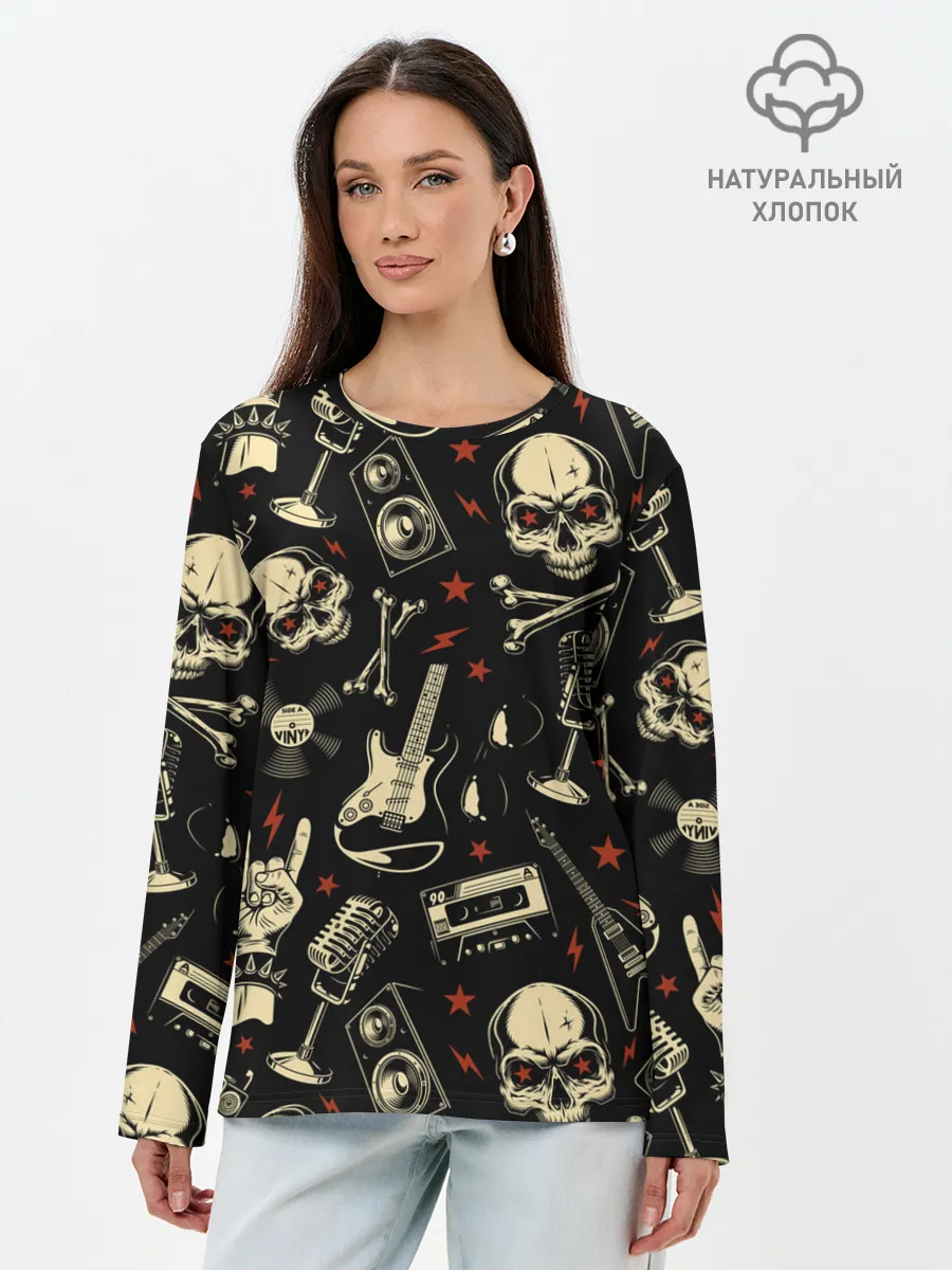 Лонгслив женский. Хлопок / Гранж с черепами