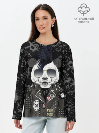 Лонгслив женский. Хлопок / Панда в косухе