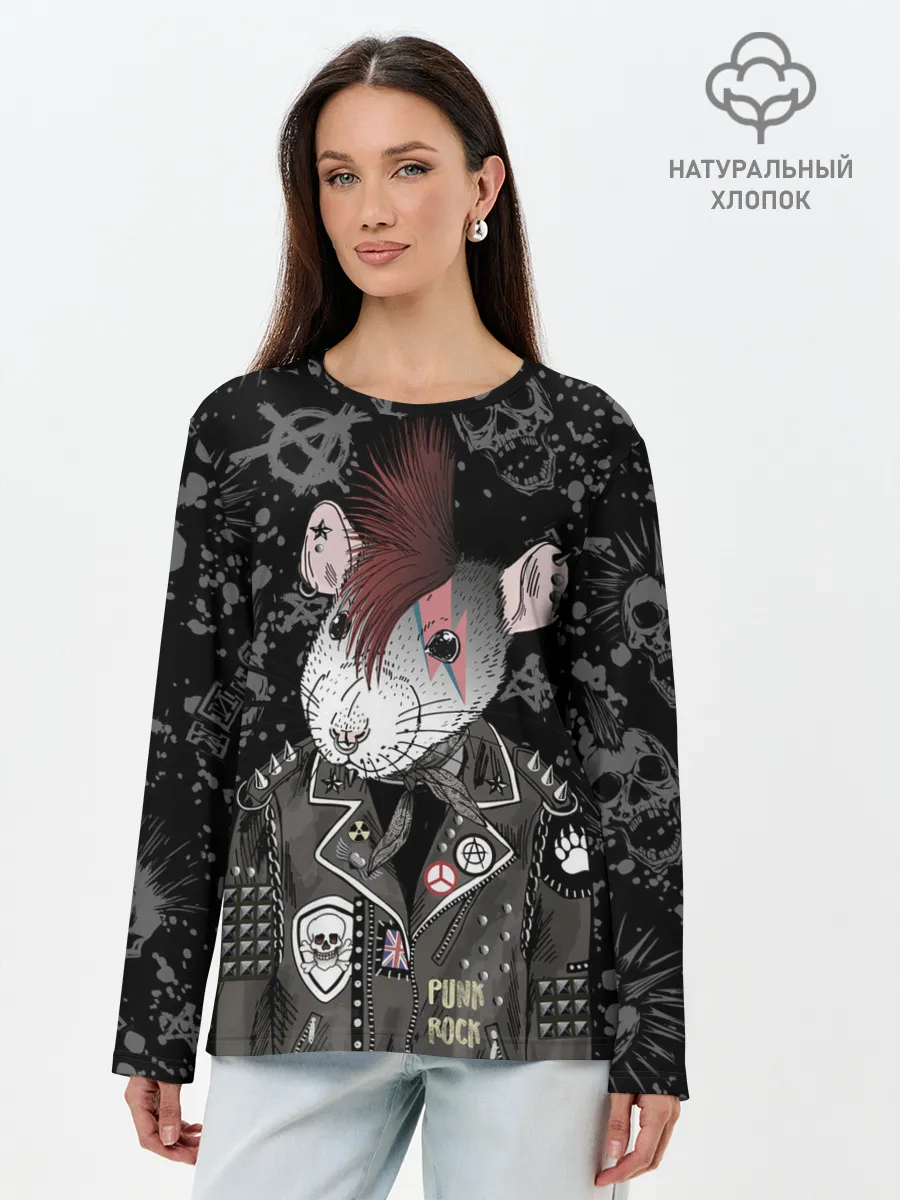 Лонгслив женский. Хлопок / Крыса в косухе
