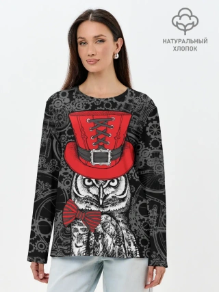 Лонгслив женский. Хлопок / Сова в цилиндре