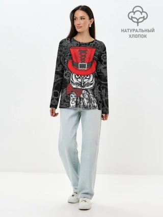 Лонгслив женский. Хлопок / Сова в цилиндре