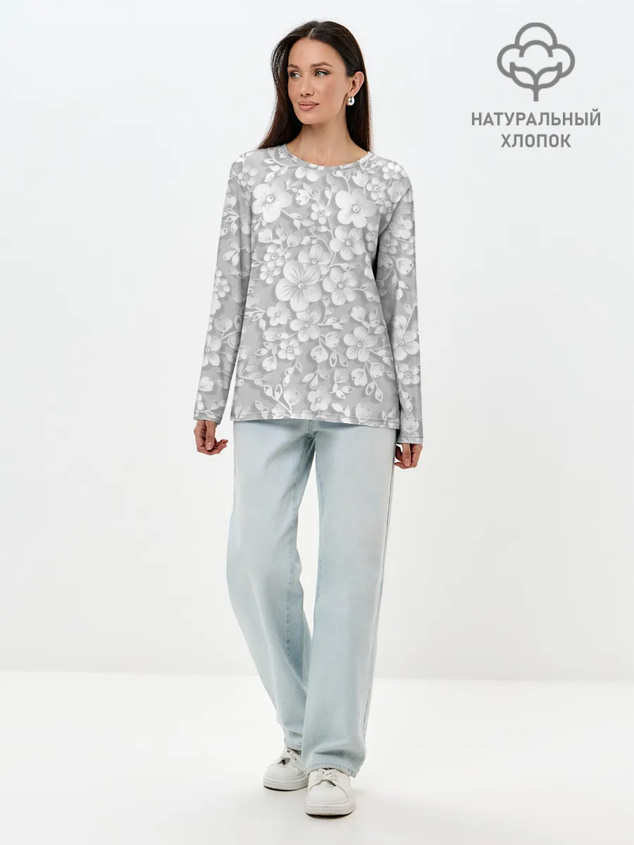 Лонгслив женский. Хлопок / Белые цветы