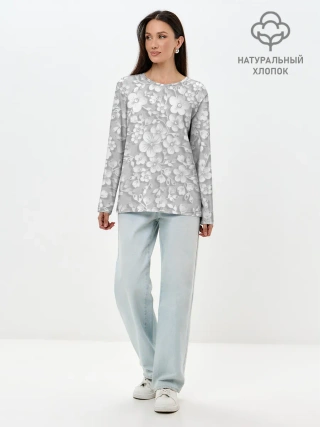 Лонгслив женский. Хлопок / Белые цветы