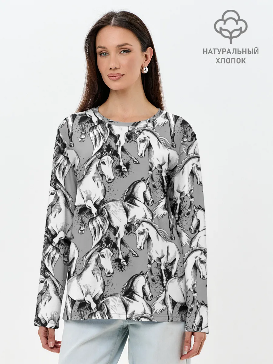 Лонгслив женский. Хлопок / Белые лошади