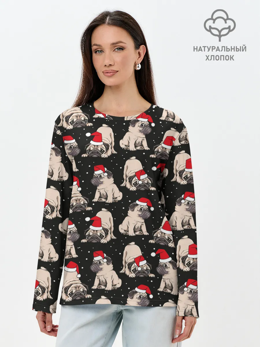 Лонгслив женский. Хлопок / Новогодние мопсы